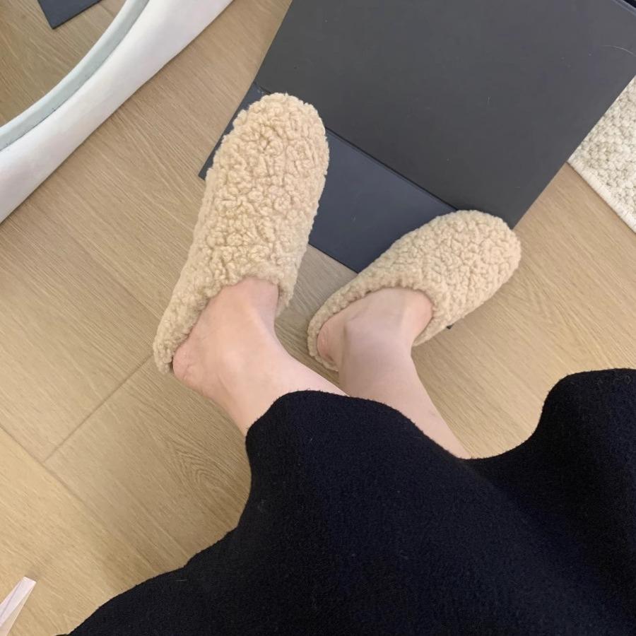 Dongdaemun Fashion Lamb Wool Bag Head Wool Slippers Women's Autumn and Winter Wear 2025 New One-pedal Cotton Slippers