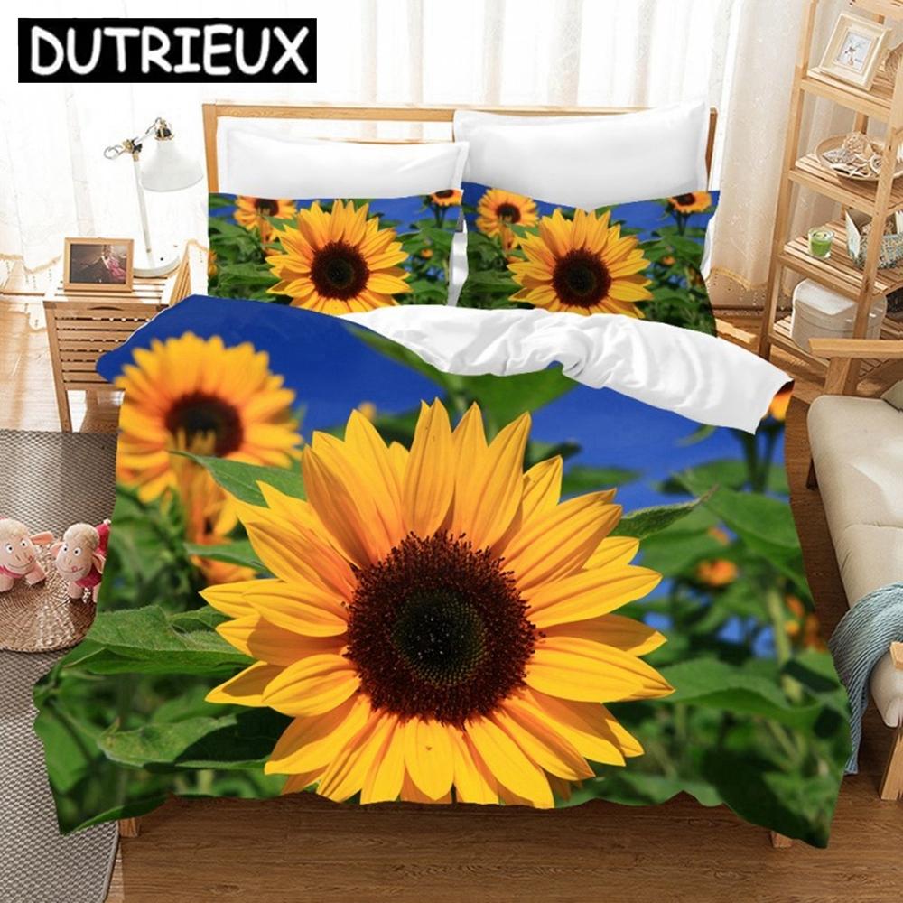 Comforter Orange Sunflower Printed Bedding Set For Lover Couples Gift Flower Pattern Quilt Home Use Bedlines Double Bed Quilt