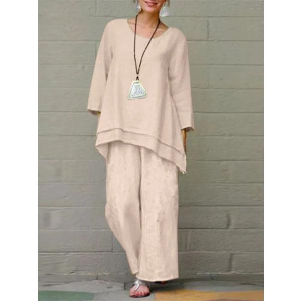 Completo da donna 2 pezzi casual con top a maniche lunghe con scollo a O e pantaloni lunghi a gamba larga con elastico in vita, tinta unita, ideale per il tempo libero.