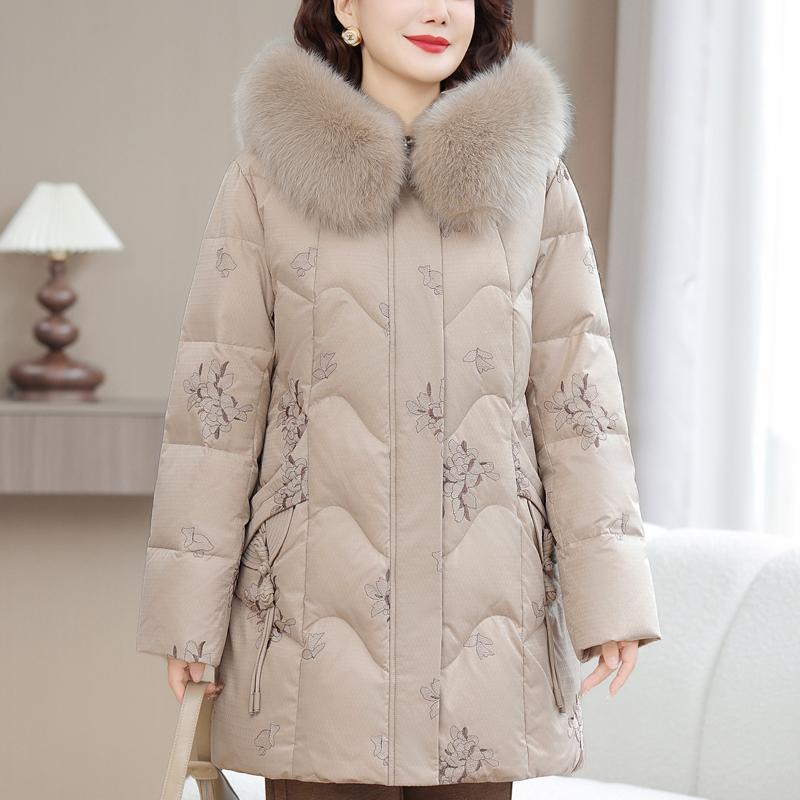Real Fur Collar Middle-aged Women's Winter Down Coats Hooded Plus Size XL-6XL Embroidery White Duck Down Jackets for Women Thick Warm Parkas