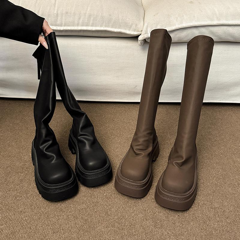 Thick-soled boots women's 2025 spring new models but knee-thin high knight boots Internet celebrity explosion pile boots