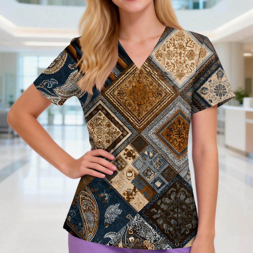 Damen V-Ausschnitt Drei-Taschen Kurzarm Retro-Print Uniform/Pflegekraft Oberteil Mit Schlitzen Am Saum