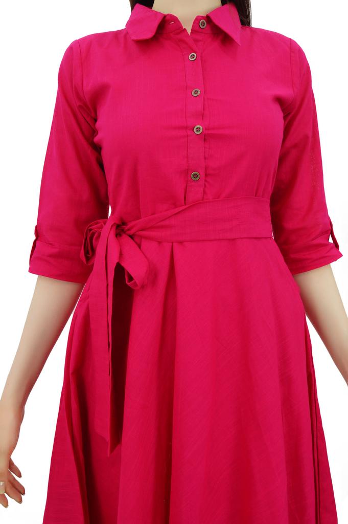 Bimba Women's 3 4 Sleeve Linen Collar Neck Solid Flared Shirt Dress with Side