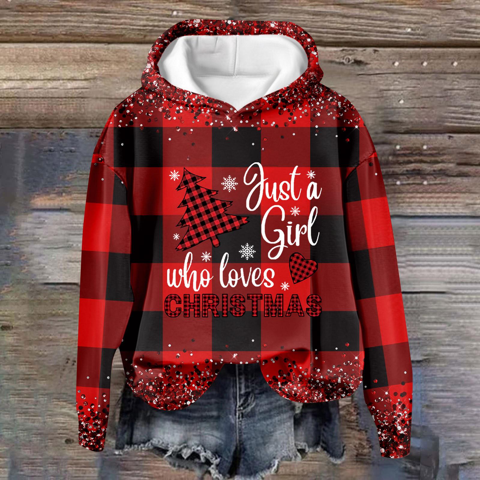 

Женская повседневная мода рождественский принт длинный рукав O-образный вырез пуловер толстовки XXL красный