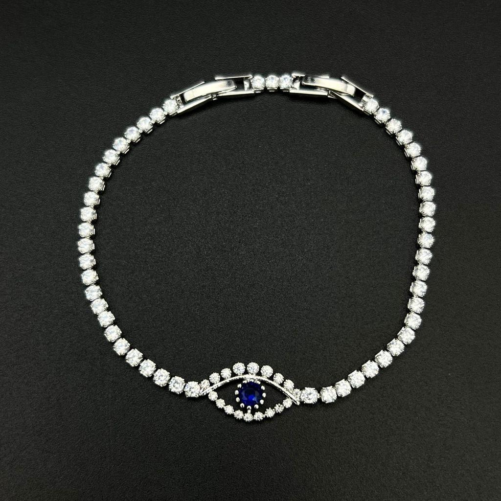 Dámský modrý náramek Hip Hop s čirými zirkony a symbolem zlého oka - Elegantní diamantové šperky