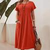 Women's Plus Size Summer Cotton Linen Dress Round Neck Short Sleeve Solid Color Pleated Pocket S-5XL