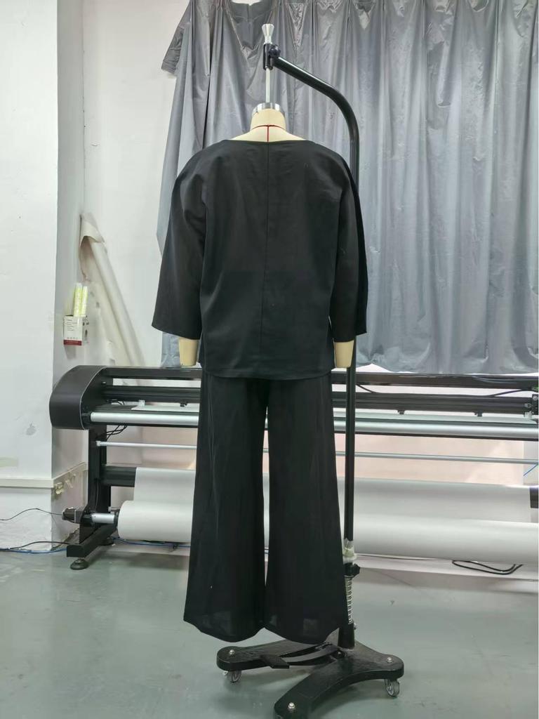 2025 Women's Solid Color Round Neck Linen Cotton Top & Lace-up Loose Pants 2-Piece Set: European and American Style