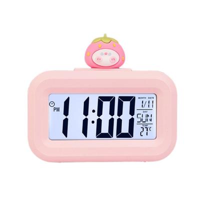 Alarm Clock with Backlight Power Saving Timing Function One Click Snooze Pink Strawberry Design Desktop Electric Digital Clock for Learning