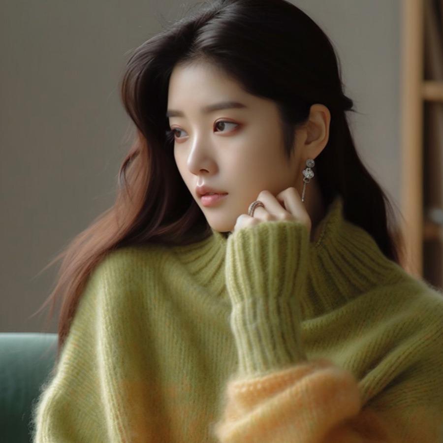 FL232559 Women's Green Turtleneck Sweater: Cozy, Loose Fit Knitwear for Petite Sizes - Perfect for Autumn and Winter.