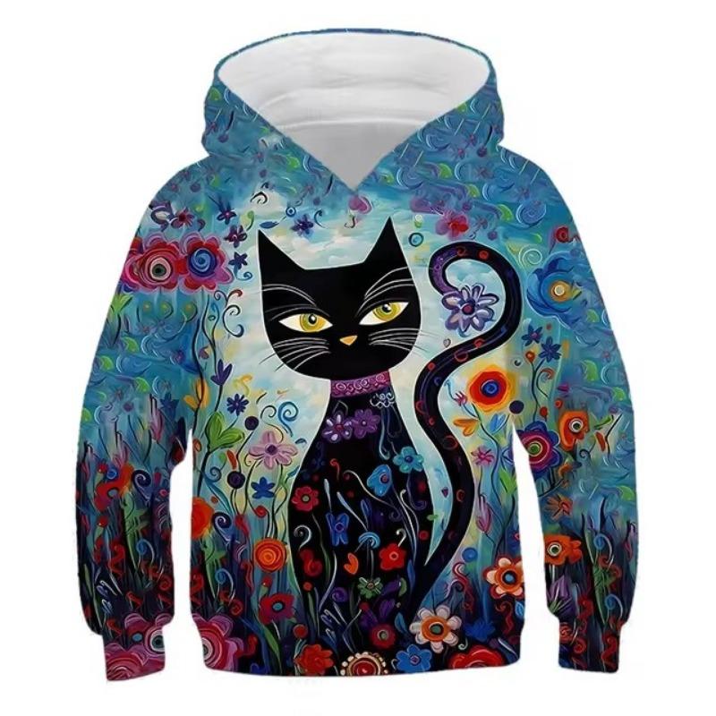 Hoodies Cute Kitten Flowers Print Girls Sweatshirt Stretch Comfortable Fit Long Sleeve Autumn Winter Pullover Tops Youth Kids