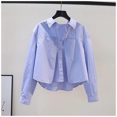 Spring Summer Folding Short Shirt Pleated Short Shirt Women's Blue Loose Long Sleeved Cotton Shirt