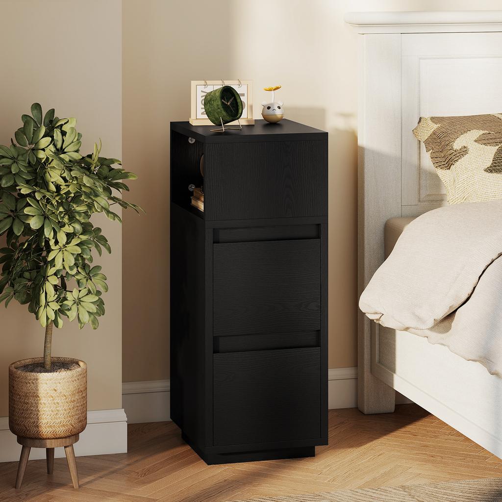 Slim Bedside Table, Narrow Bedside Cabinet with Open Shelf and 2 Drawers for Bedroom, Living Room, Black