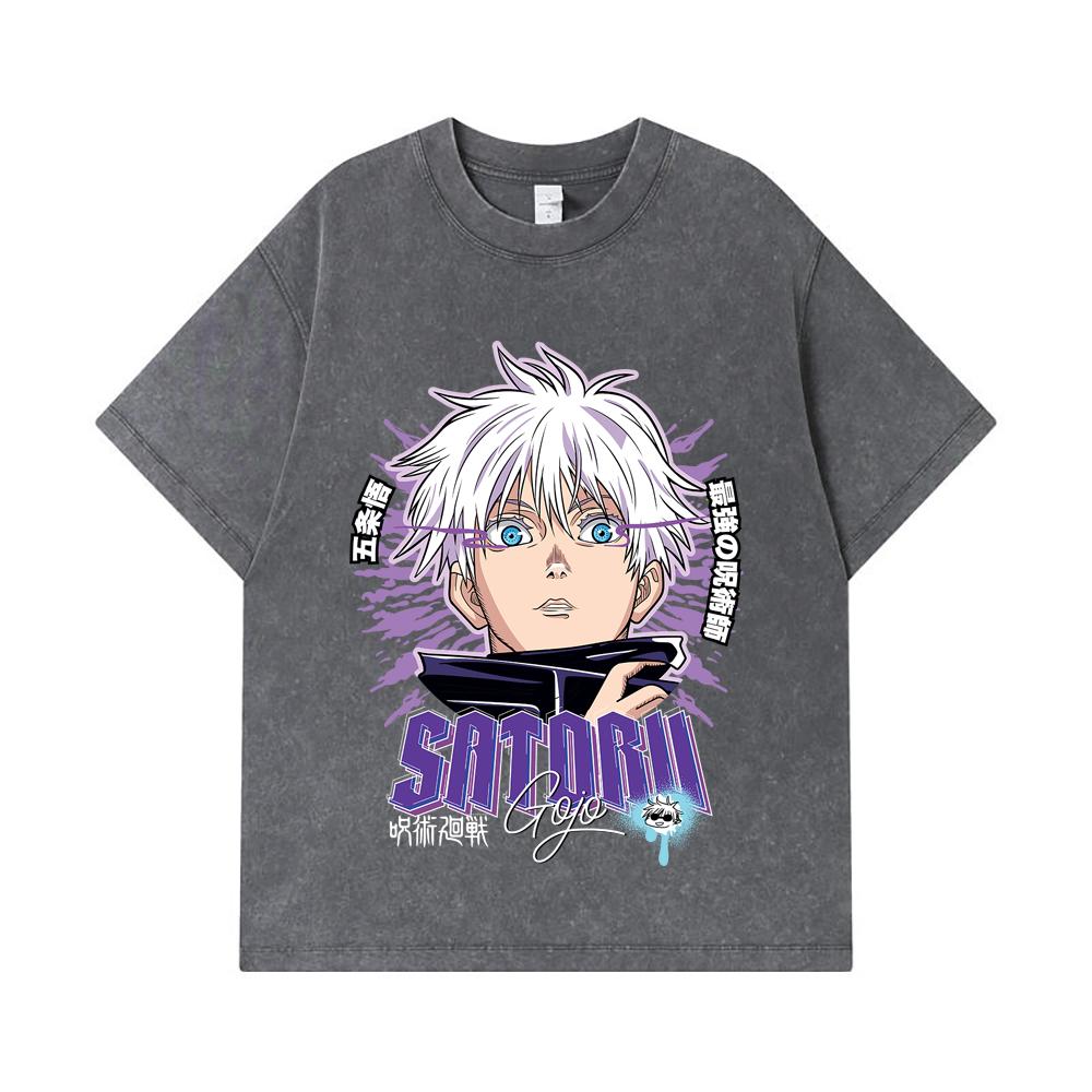 275 GSM Washed T-shirts 100% Cotton Jujutsu Kaisen V27 Gojo Print Unisex Heavy Cotton T Shirt