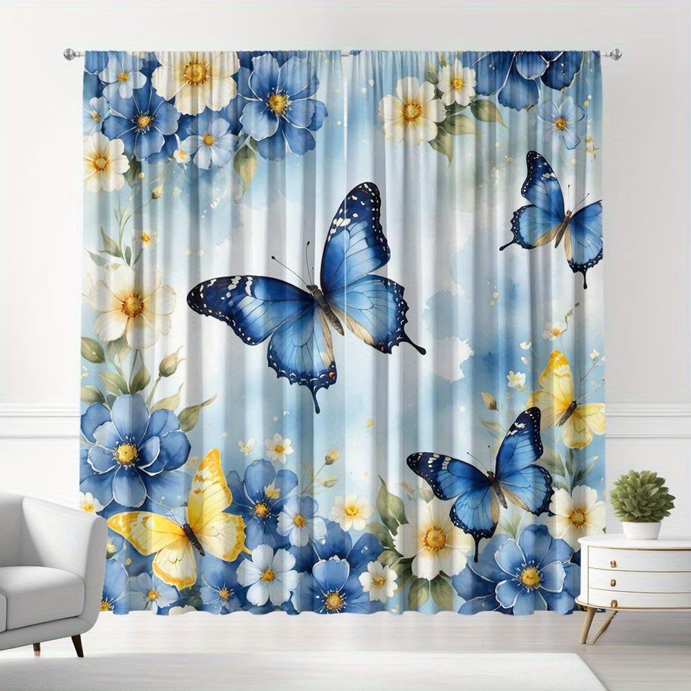 2PCS Digital Printed Curtains, Blue Yellow Butterfly Vibrant Insect Nature, Window Drapes for Living Room Bedroom Home Decor