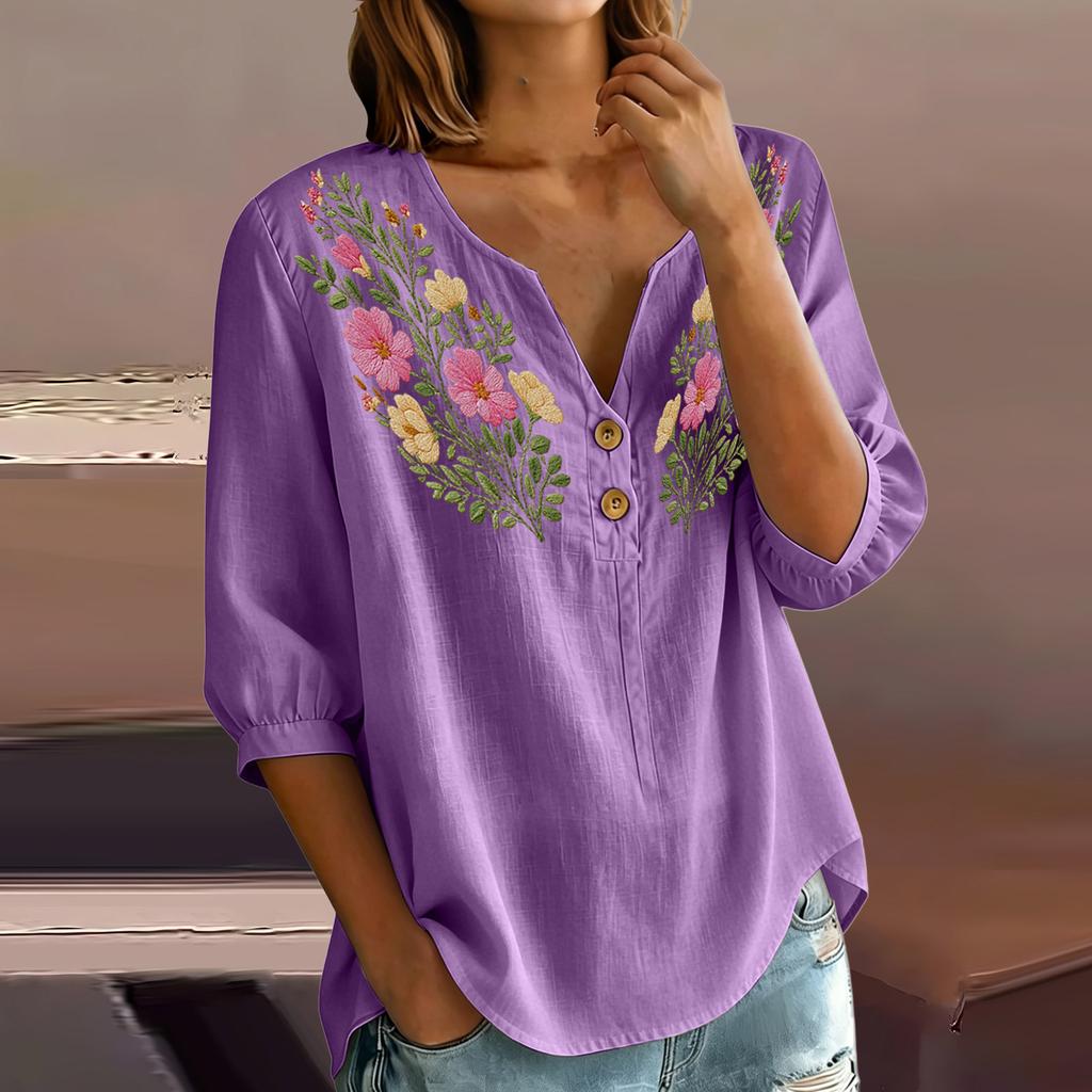 Women Floral Pattern Henley Button Neck Shirt Three Quarter Sleeve Casual Cotton Linen Blouse Lightweight Breathable Top
