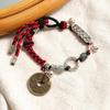 Red Rope Braided Beaded Five Emperors' Coin Bracelet With Peace Buckle - Elegant Chinese-Inspired Women's Jewelry.