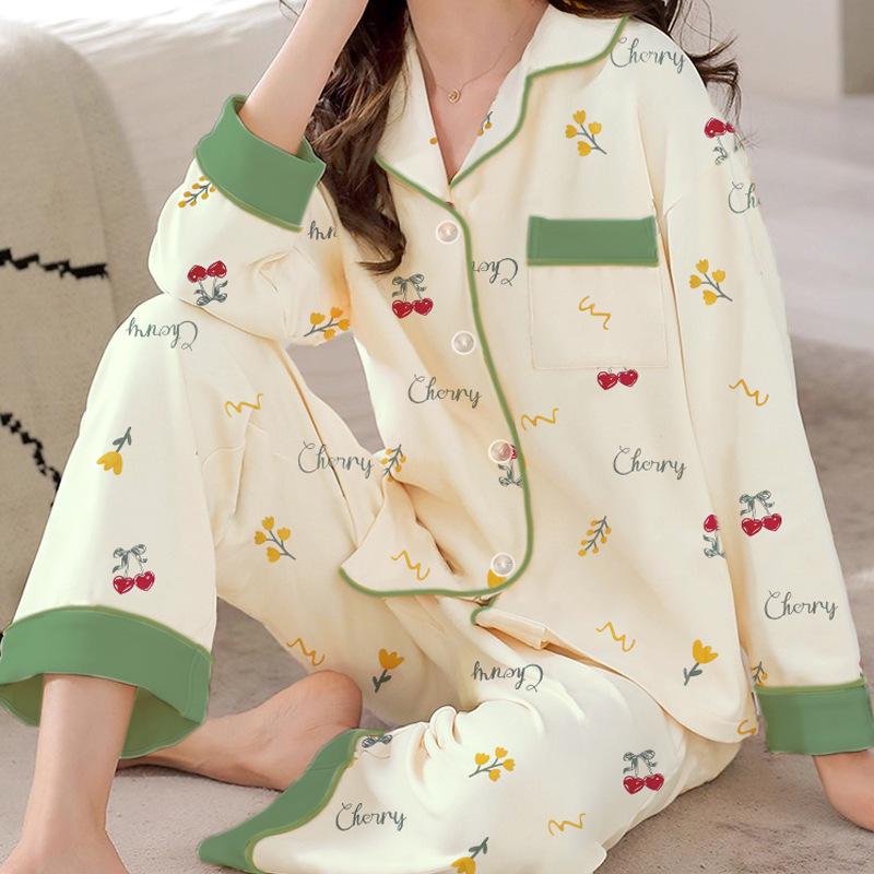 French Floral Faux Cotton Women's Pajama Set - Spring/Autumn Long Sleeve & Pants, Loose Cardigan Style for Middle-aged Women.