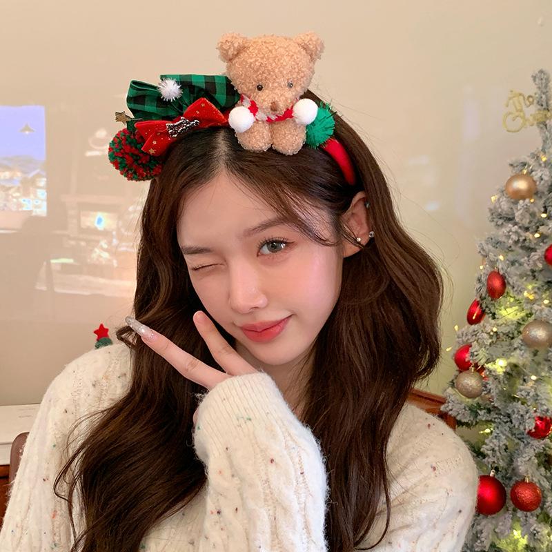 Festive Bear Plush Headband with Red & Green Bow - Christmas Photo Hair Accessory