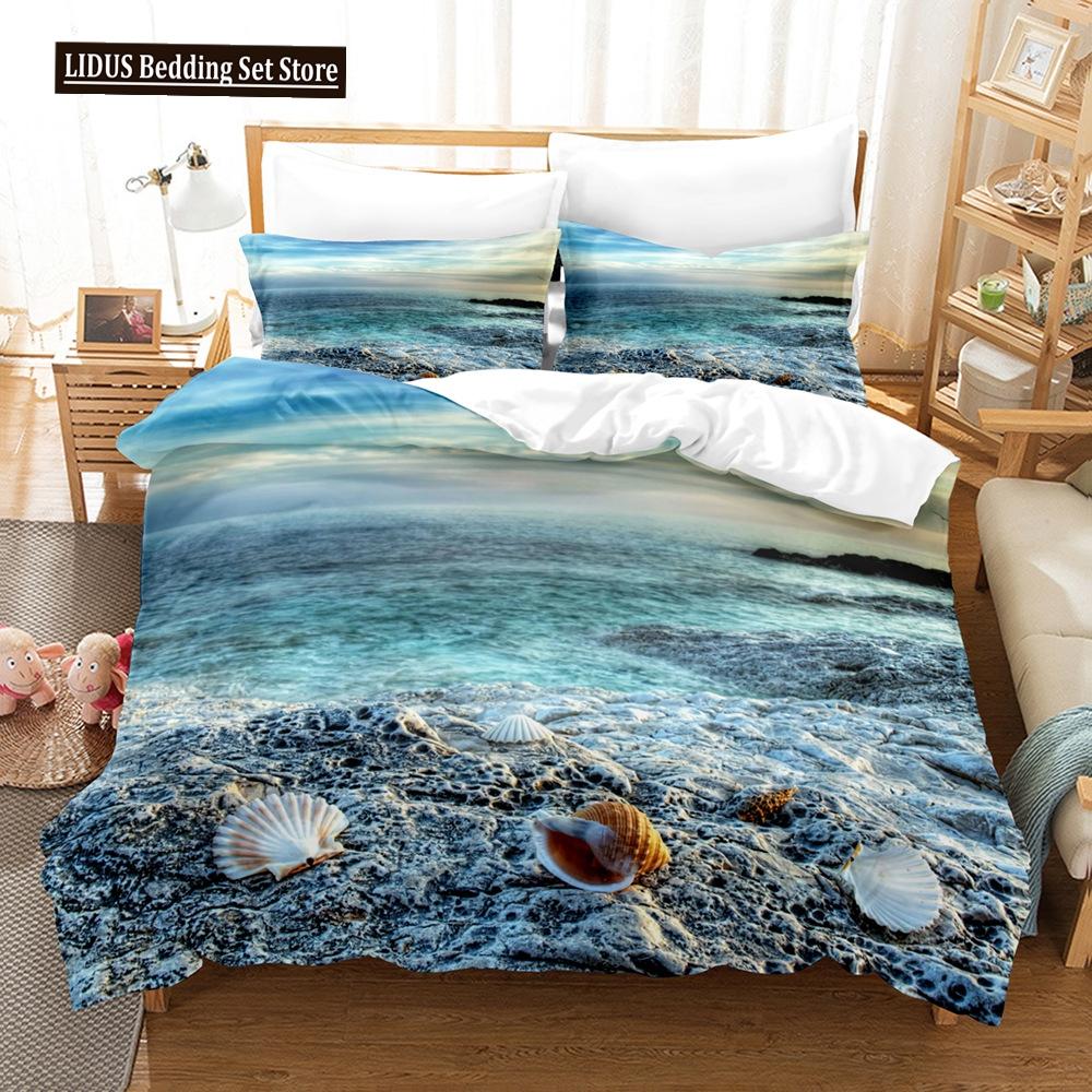 Zestaw Poszwy na Kołdrę Krajobrazowy Rozmiar King Full Letni Palmy Plaża Fale Morskie Motyw Oceaniczny Dla Dzieci Dziewczynka Chłopcy Poliestrowy Zestaw Pościeli