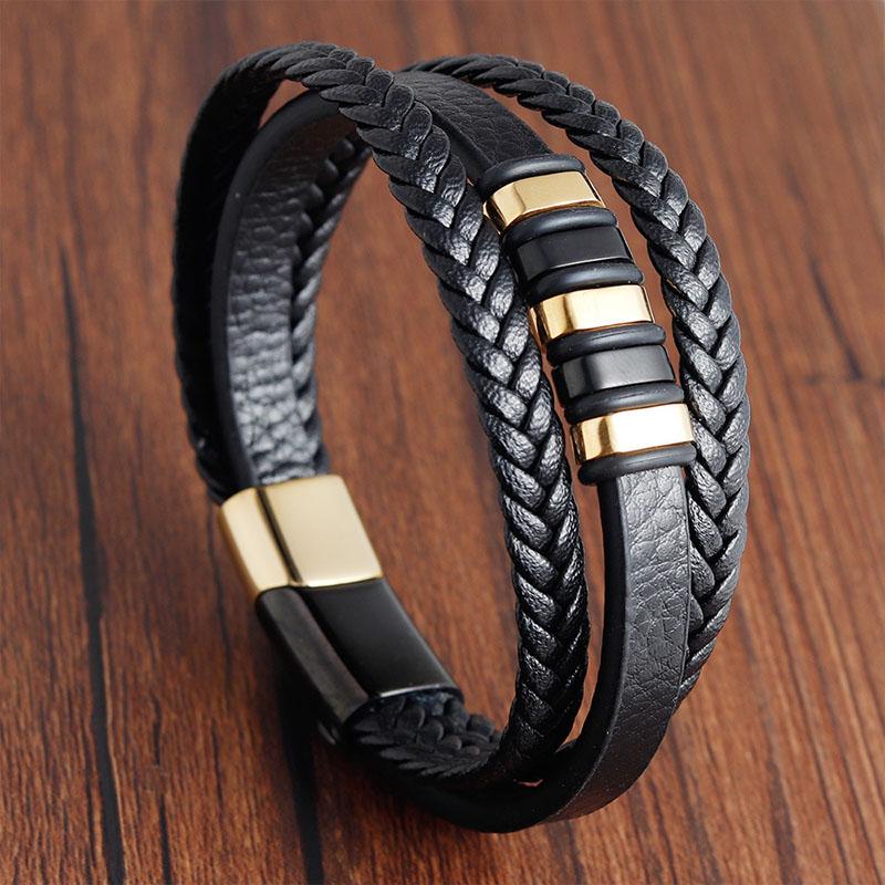 Bracciali alla moda in vera pelle da uomo Bracciali in corda intrecciata multistrato in acciaio inossidabile per gioielli da uomo e donna