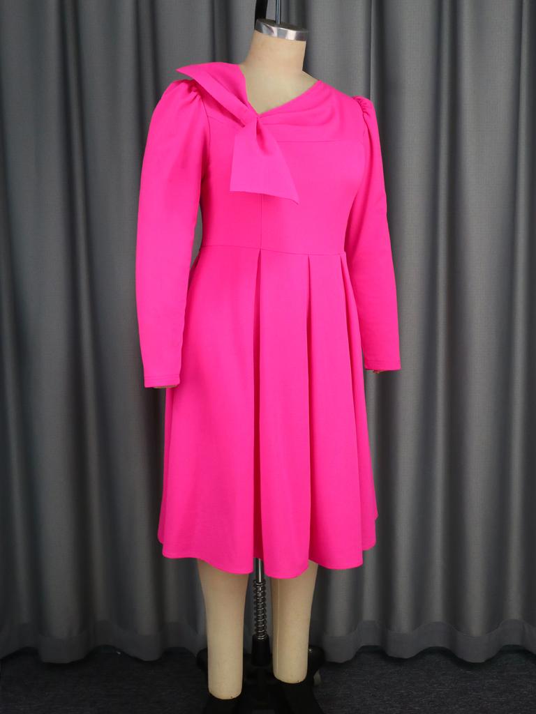 AOMEI Sukienki midi w kolorze fuksji dla kobiet, dekolt skośny, długie rękawy, urocze muszki, koktajlowe suknie ślubne