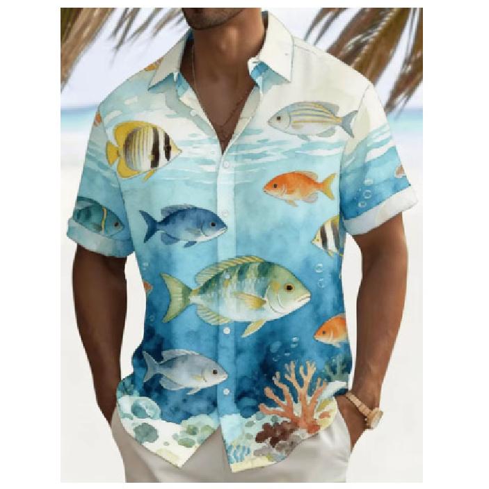 2026 Men's Watercolor Ocean Print Short-Sleeve Summer Hawaiian Vacation Loose-Fit Casual Shirt