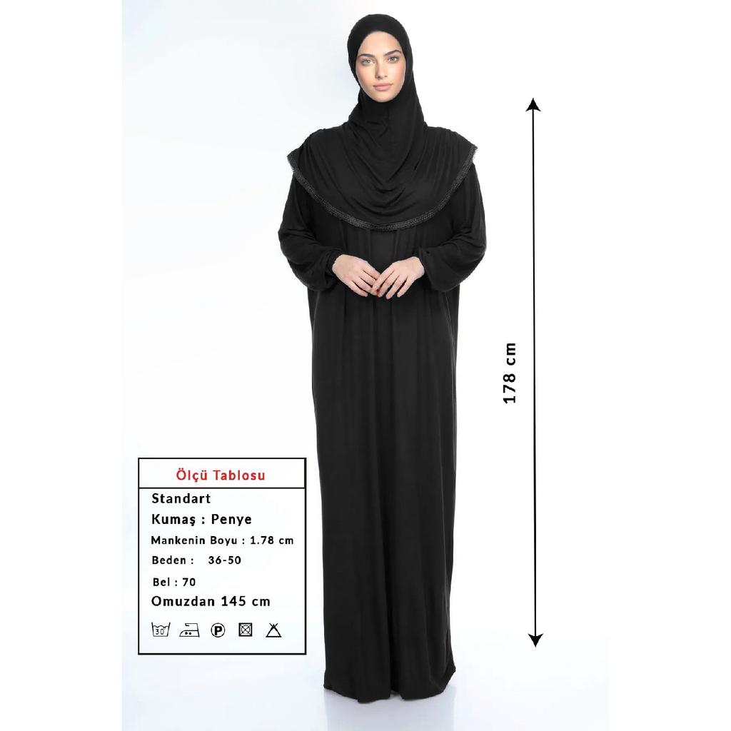 Damen Hijab-Gebetskleid aus Baumwolle mit Kopftuch, Spitze, einteilig, gekämmter Baumwollstoff, Schwarz