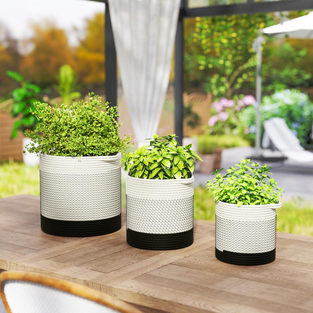 Plant Pots Handwoven Cotton Indoor Planters with Waterproof Liner Set of 3 White