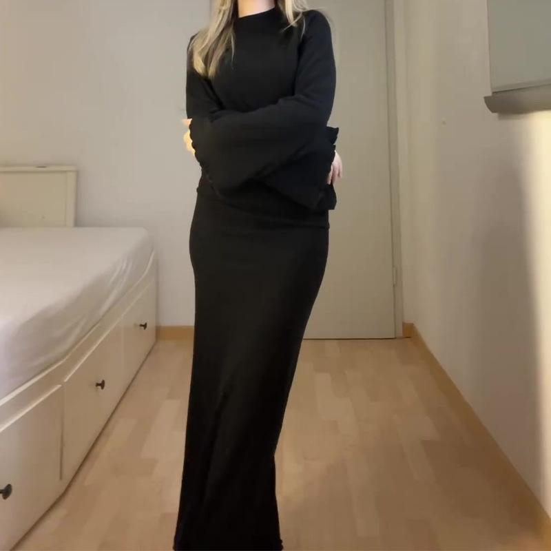 2024 Autumn European & American Solid Color Slim-Fit Knitted Dress Set