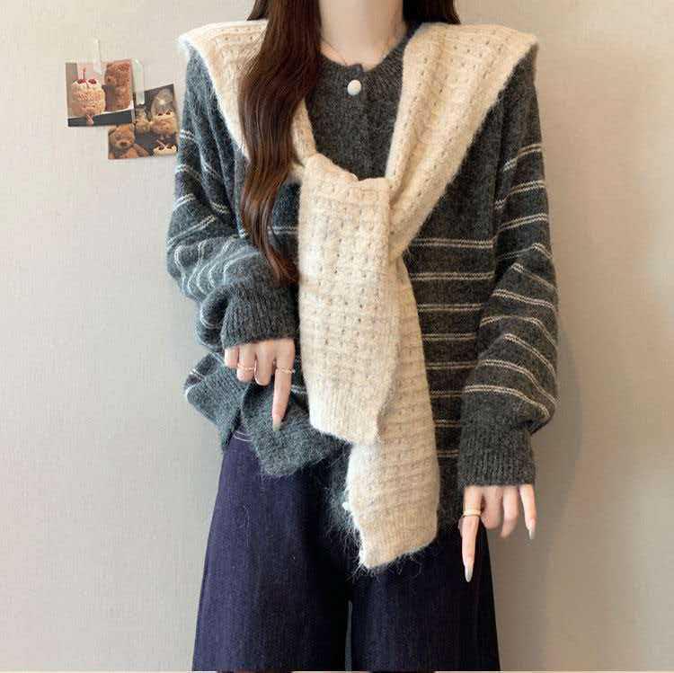 Women's Striped Knit Cardigan: Loose Fit, Round Neck Shawl, Autumn/Winter Korean Style Sweater