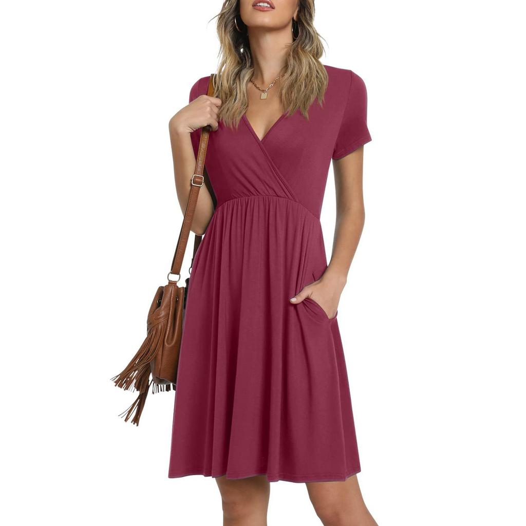 Women's Ladies Summer Casual Loose Color V-Neck Short Sleeve Dress