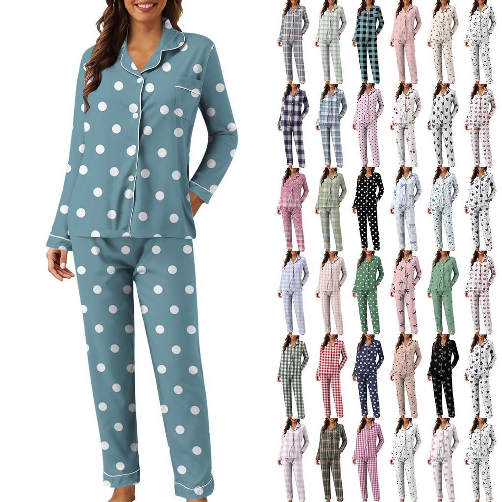 Set da Casa da Donna Casual alla Moda con Stampa Patchwork a Quadri e Pantaloni a Maniche Lunghe