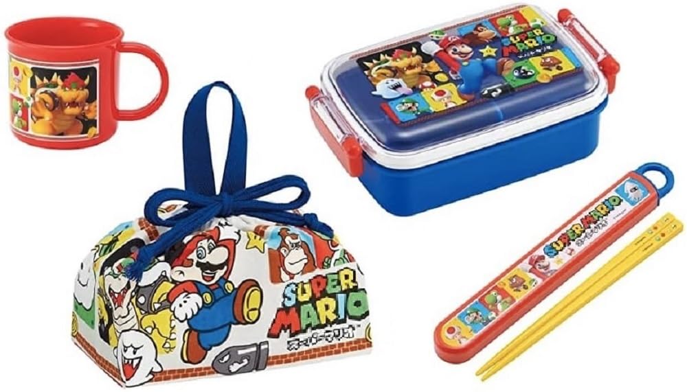 Skater Mario 23 Antibacterial Dishwasher Safe Fluffy Lid Tight Lunch Box Square Lunch Box 450ml Case Set Cup Lunch Pouch Luigi Yoshi Kids Children