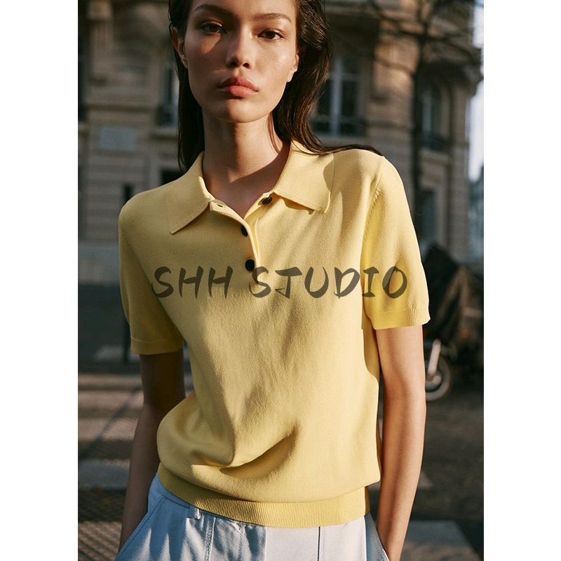 Spring New Women's Clothing Sports Style Casual Knitting Polo Shirt Collar Short Sleeve Minimalist Tops 2142019