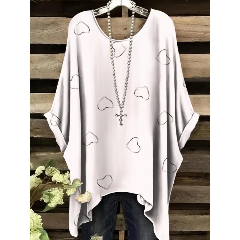 Elegantes Bohemian Chic Übergroßes Einfaches Retro Liebesdruck Druck Damen T-Shirt Asymmetrischer Saum Rundhalsausschnitt Vielseitige Damenbekleidung
