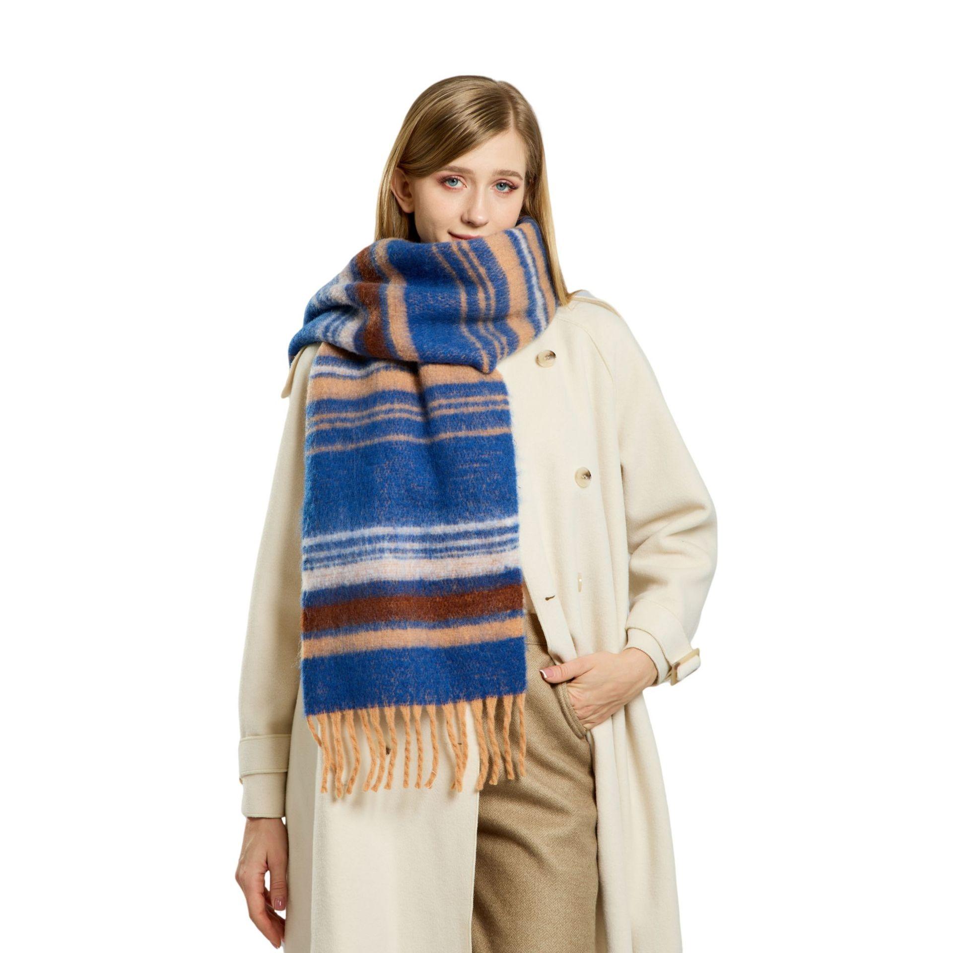 

Dopamine imitation cashmere striped fringed high-end scarf women s autumn and winter warm thickened mohair scarf
