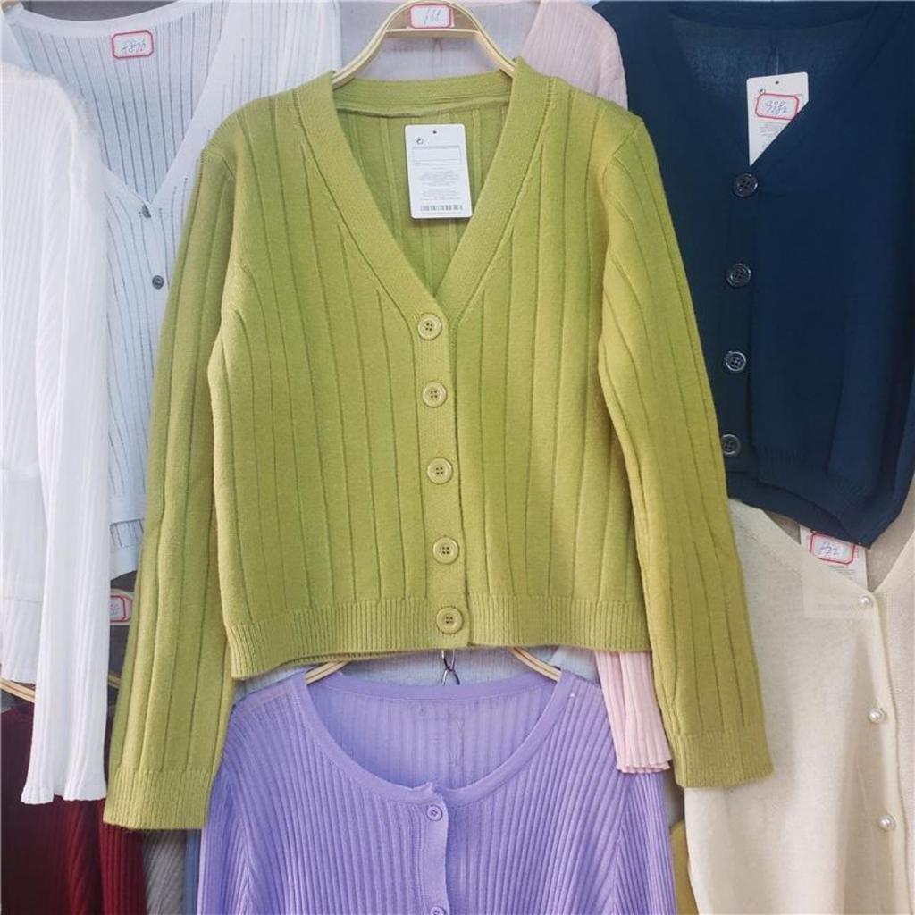 Spring and Autumn Short Outfit Loose Long Sleeve V-neck Sweater Knitted Sweater Thin Cardigan Coat Women's Top