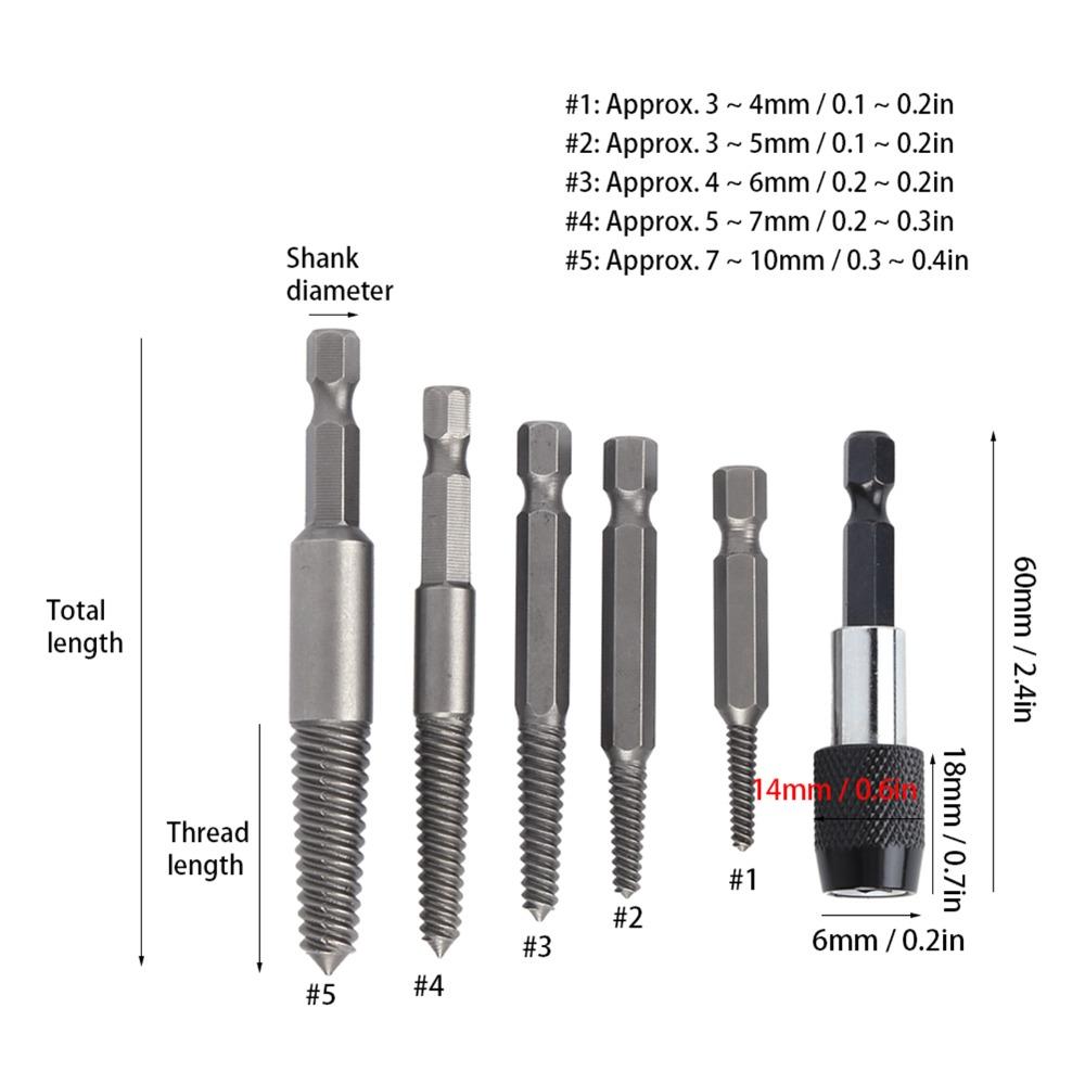 6 Pcs Drill Bit Bolt Extractor Kit With Adapter Stripped Screw Remover Mechanical Repair