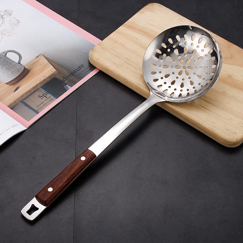 Rosewood Stainless Steel Kitchen Utensil Set: Long-Handled Spatula, Frying Spatula, Thickened Soup Ladle, Slotted Spoon, and Cooking Spoon.