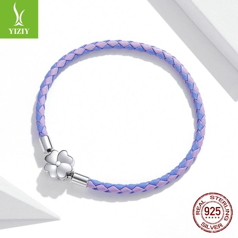 S925 Silver Purple Leather Lucky Bracelet, Dream Girl Leaf Diy Basic Single Bracelet.