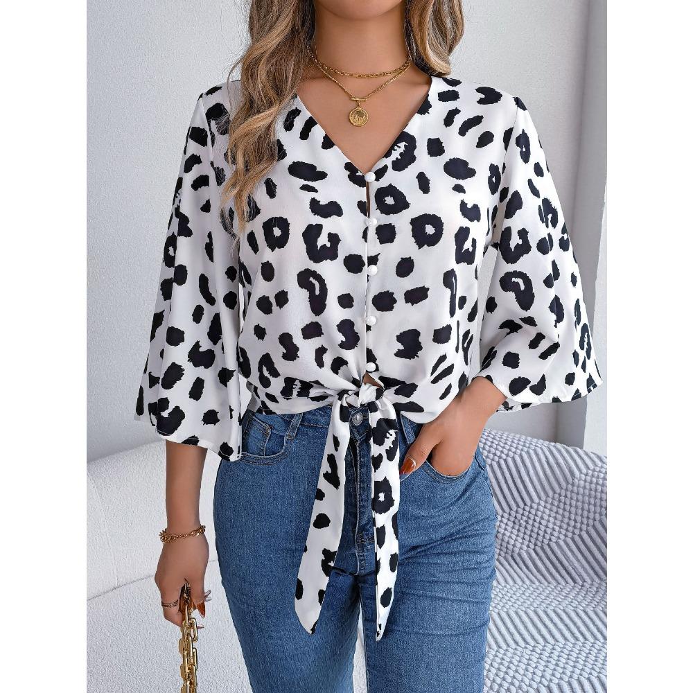 Ins Casual Leopard Print Lace Up Chiffon Top Women's Clothing