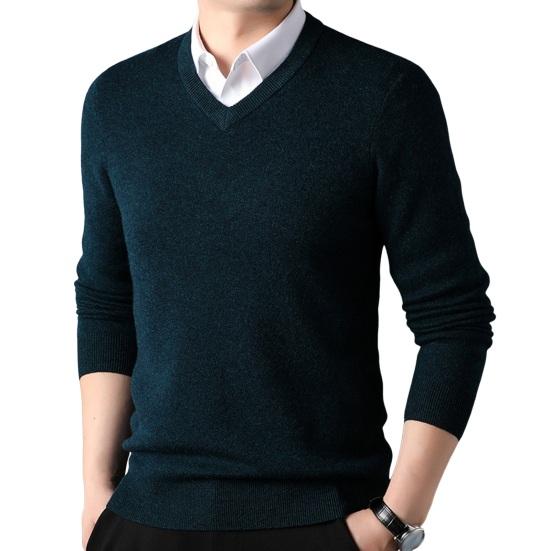 Fall Winter Men Sweater V Neck Knitted Solid Color Elastic Stretchy Pullover