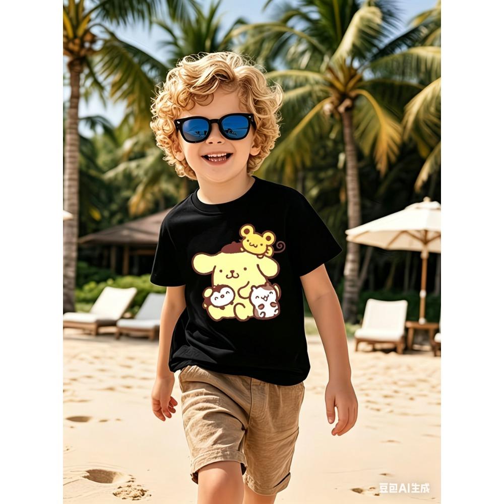 

Pompompurin Print Unisex Kids T-shirt Cute Sanrio Dog Friends White Short Sleeve Casual Tee for Boys Girls 110