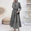Women High Neck Long Sleeve Loose Pleated Casual Long Dress Double Layer