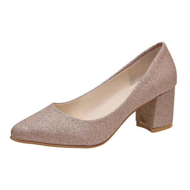 2024 Comfortable Ladies Shiny High Heels Pointed Toe Soft Spring Wide Version Comfortable Gold and Silver Shoes Large Size 33-41