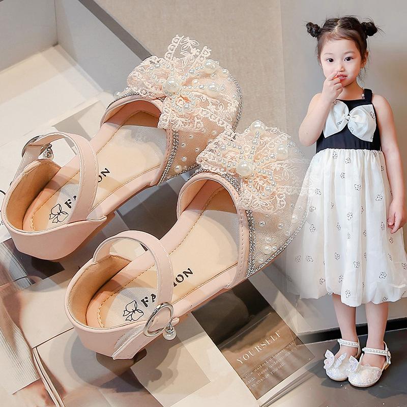 Girls Princess Shoes Pearl Bag Head Half Sandals Girls Performance Shoes 2025 Summer New Children's Soft-soled Crystal Shoes