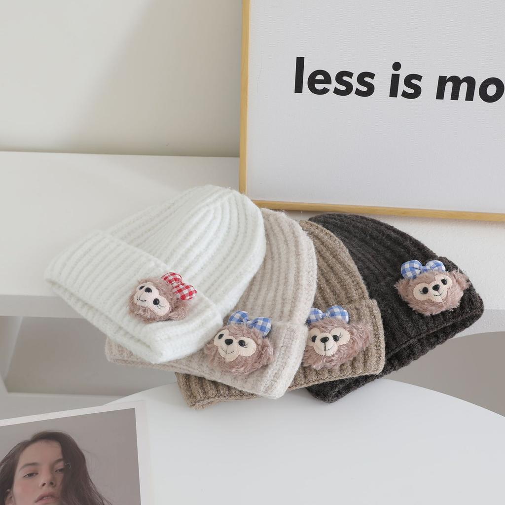 Cute Doll Pattern Label Knitted Hat for Women Autumn and Winter New Warm and Thickened Cold Hat Showing Face and Small Ear Protection