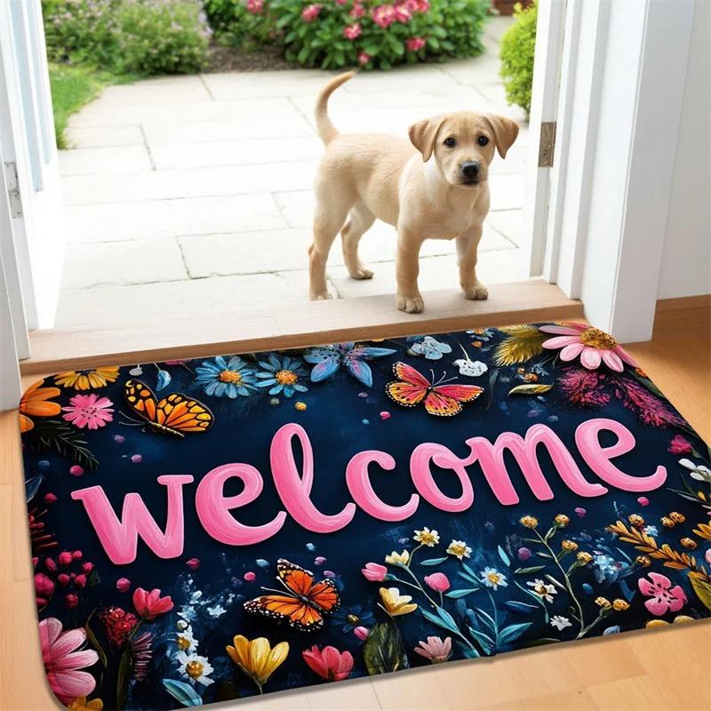 Floral Welcome Kitchen Carpet Living Room Dining Room Laundry Floor Mat Bath Balcony Hallway Non-slip Door Mat