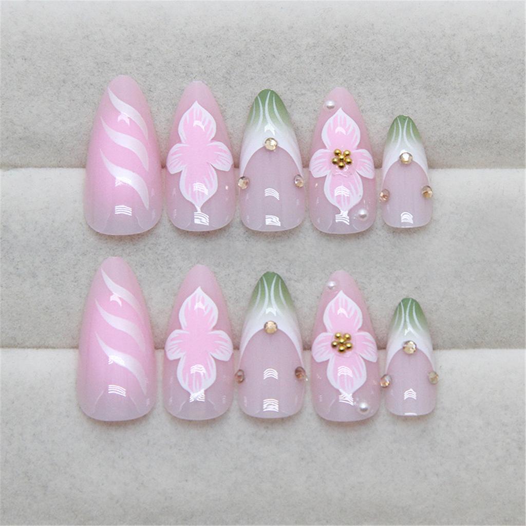 Moderiktiga pressnaglar, mandelfärgade självhäftande naglar med franska 3D-blommönster, nageltillbehör, konstnaglar, kontorskläder