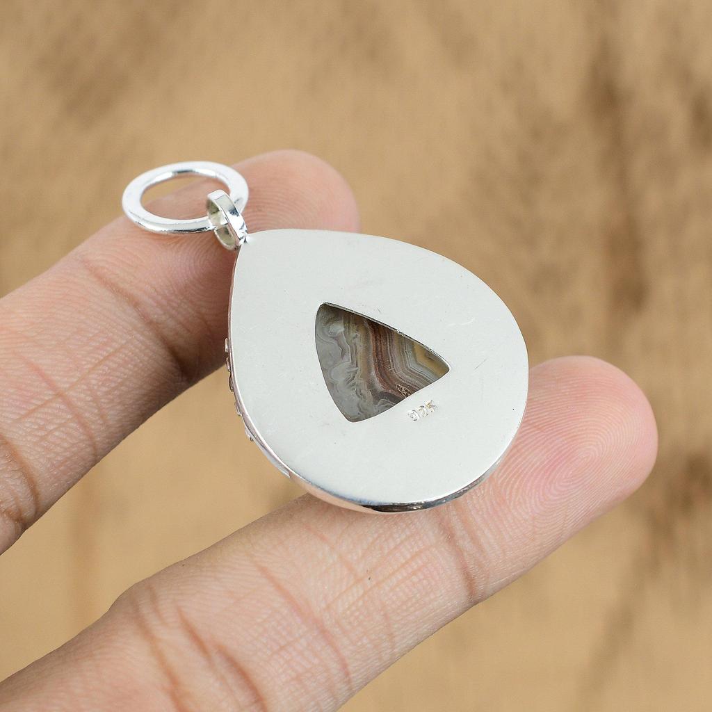 925 Sterling Silver Natural Mexican Laguna Lace Agate Daughter Pendant Jewelry